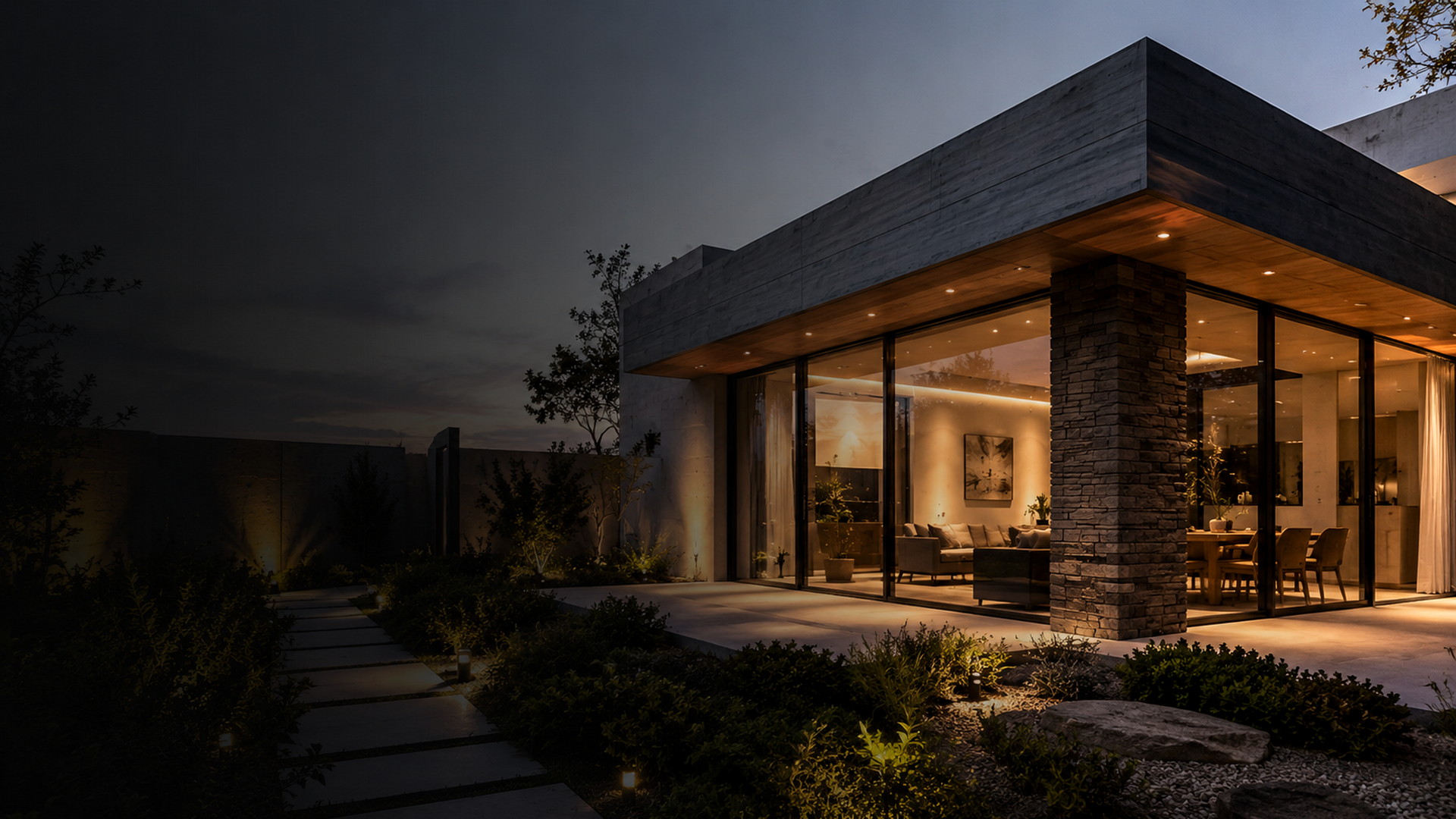 Casa contemporánea iluminada al atardecer para servicios de arquitectura, permisos y remodelaciones en Santiago.