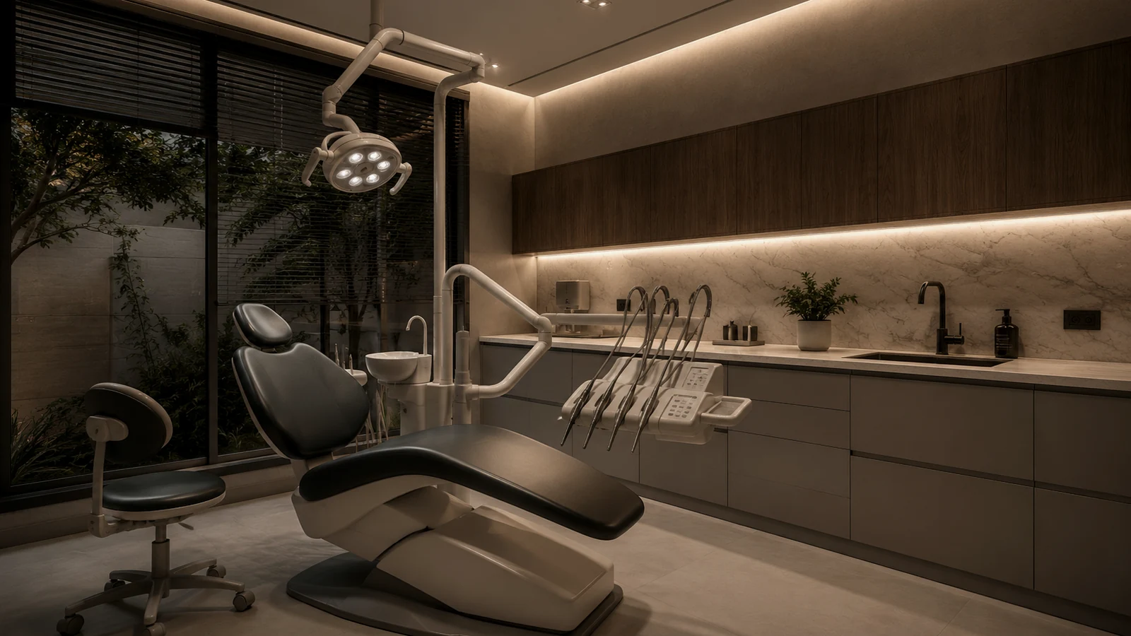 Clínica dental contemporánea con sillón de atención, habilitación y permisos