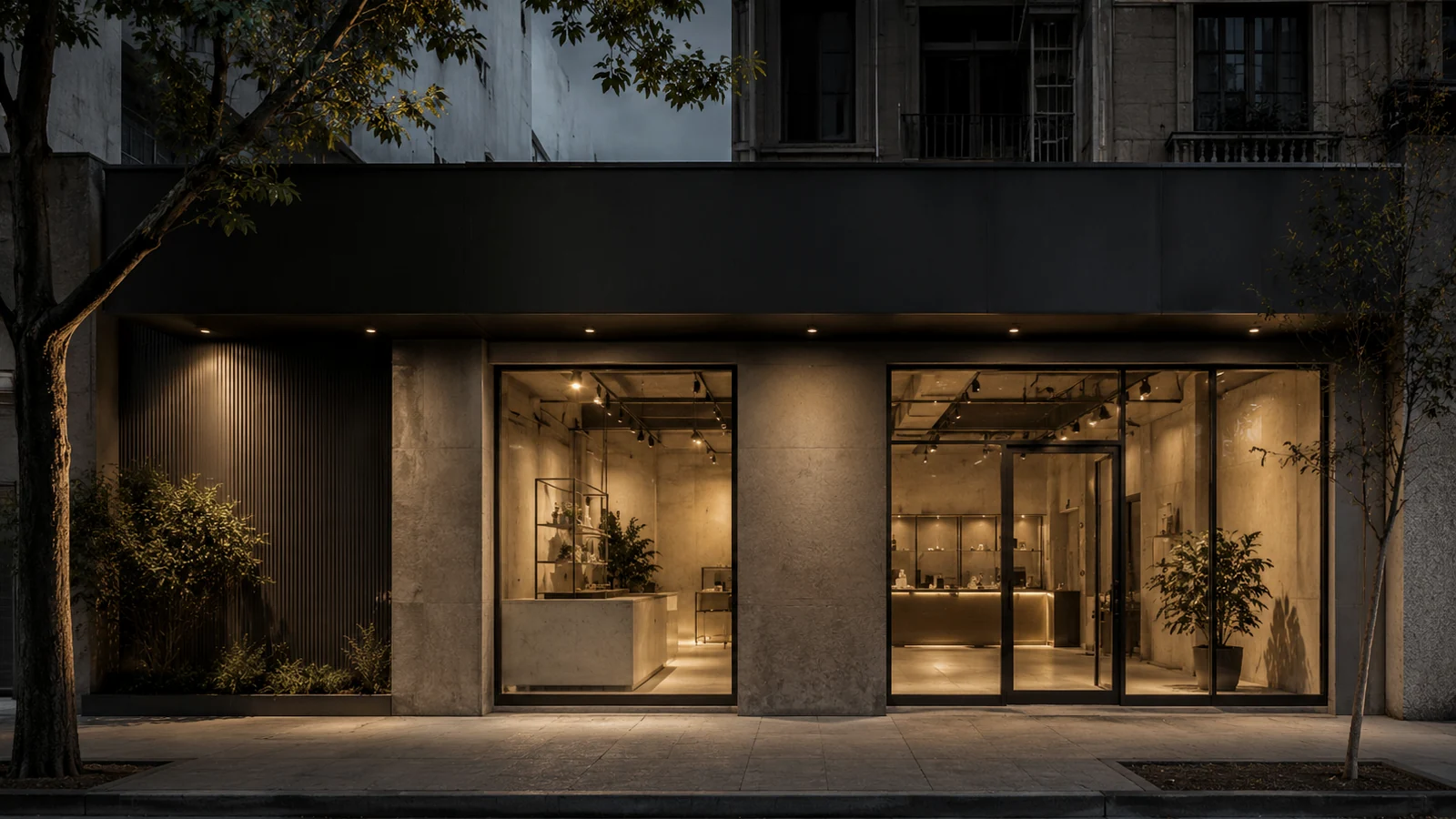 Fachada de local comercial contemporáneo con iluminación cálida